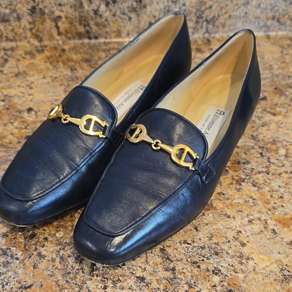Etienne Aigner Navy Leather Loafers with Gold Detail - Picture 1 of 7